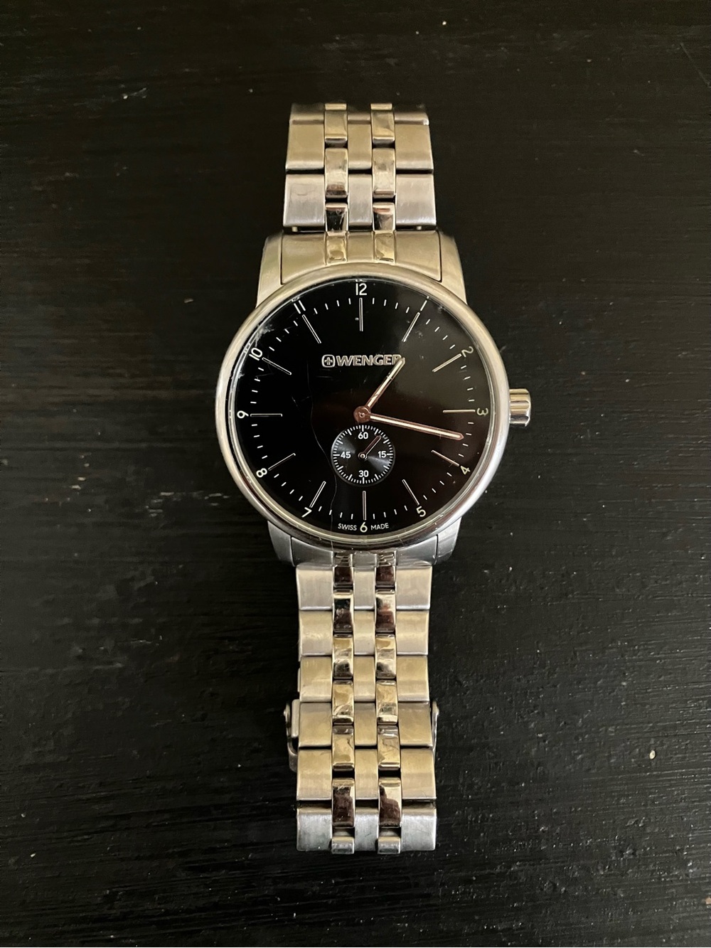 Wenger Silver Stainless Steel Watch with Black Dial
